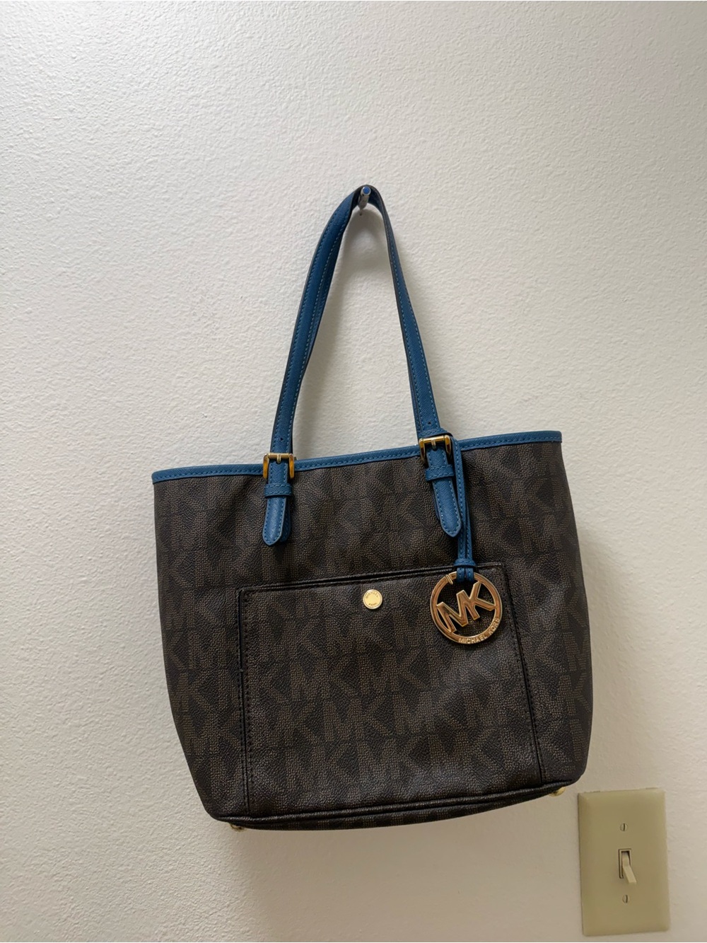 Michael Kors Brown MK Logo Tote with Blue Trim